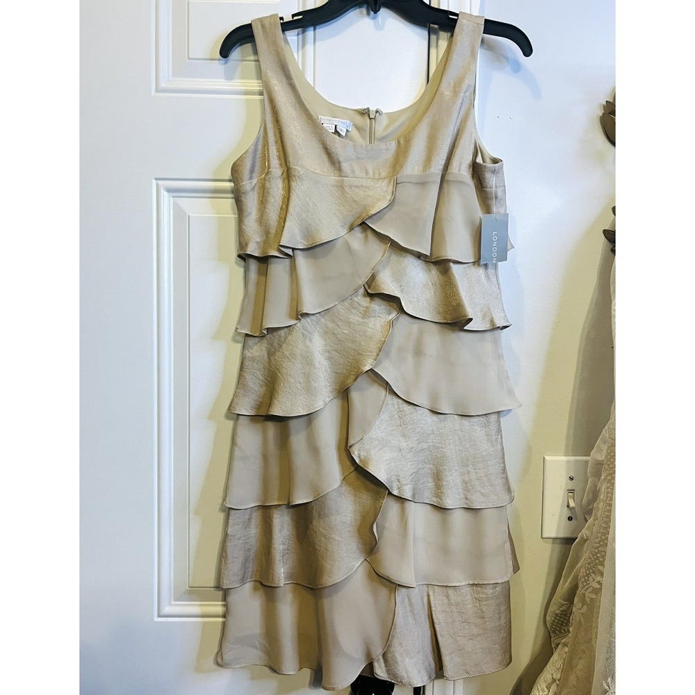 London Times Champagne Shimmer Tiered Shutter Cocktail Dress Sz 6 $116 Fairycore